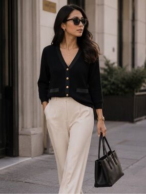 St. John Black Button Cardigan Sweater Minimalist Quiet Luxury Preppy Chic